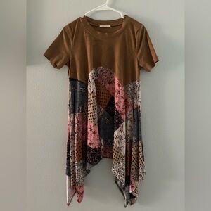 LOVE IN Women's Tunic Top Faux Suede Feel & Patchwork Size Small Oversized